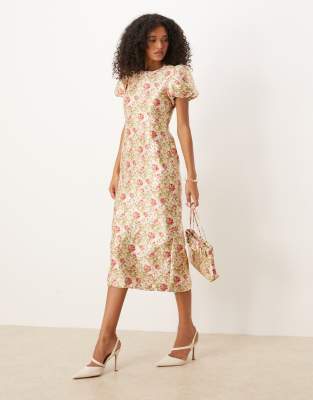 Sister Jane Dream  Jacquard Puff Sleeve Midi Dress In Gold