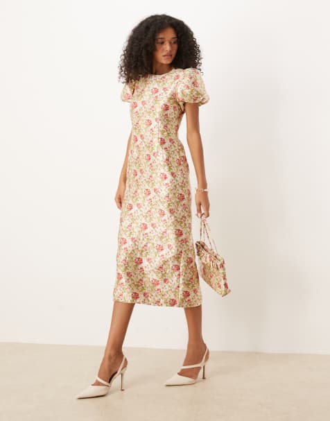 Dream Sister Jane jacquard puff sleeve midi dress in floral print
