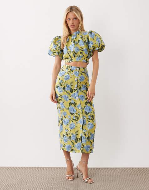 Dream Sister Jane jacquard puff sleeve top and mid rise skirt co-ord in green floral - view 1