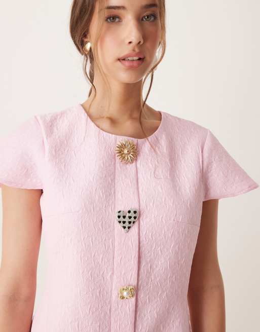 Dream Sister Jane jeweled button jacquard mini dress in pink