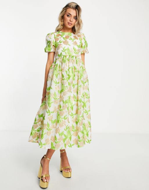 Dream Sister Jane lime green floral jacquard midi smock dress | ASOS