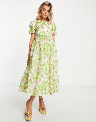 Dream Sister Jane lime green floral jacquard midi smock dress