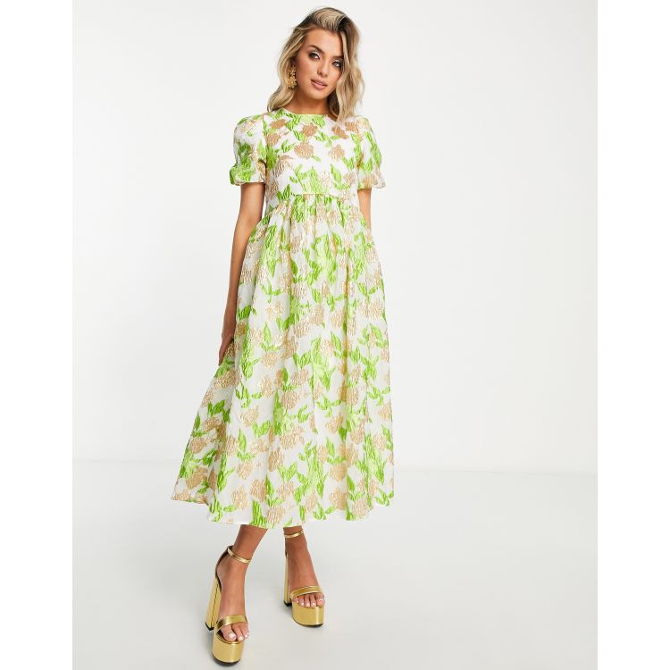 Dream Sister Jane lime green floral jacquard midi smock dress | ASOS