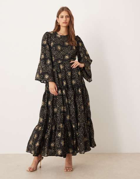 Dream Sister Jane embroidered smock maxi dress in black