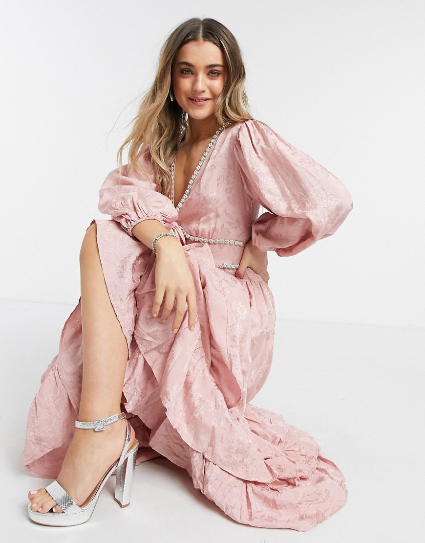 Dream Sister Jane maxi dress with ruffle skirt and showy embellishment in jacquard-Pink