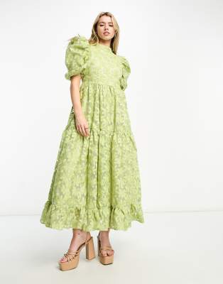 Damesjurk voor de herfst, met geborduurde bloemen, maxi-jurk, vierkante hals, lantaarnmouw, ruches, Boheems, swing, A-lijn, lange jurk, Paars, M