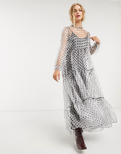 DREAM Sister Jane maxi smock dress with tiered skirt and bow back in polka dot organza
