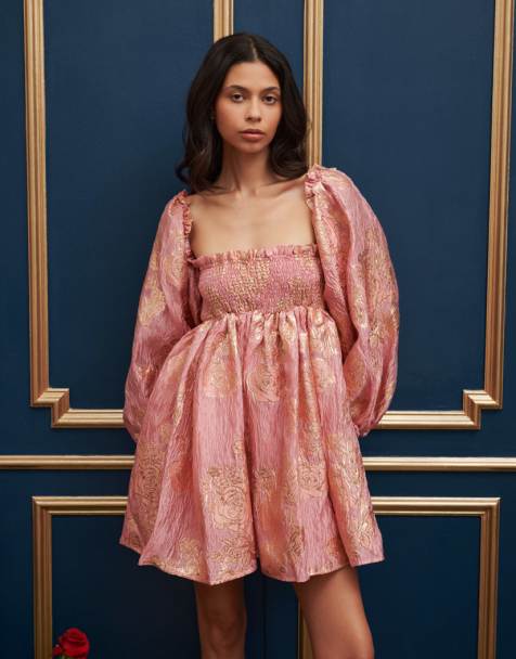 Dream Sister Jane metallic jacquard babydoll mini dress in gold and pink - view 1