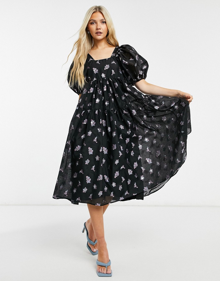Dream Sister Jane midi smock dress with puff sleeves in floral organza-Multi