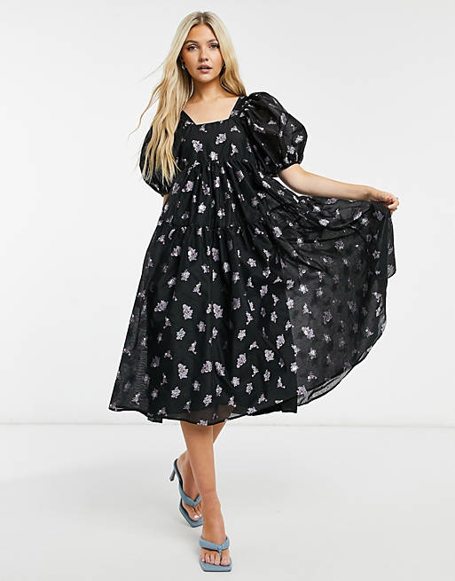  Dream Sister Jane midi smock dress with puff sleeves in floral organza 