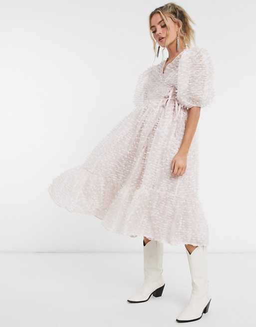 Dream Sister Jane midi wrap dress with volume sleeves and tiered skirt in texture