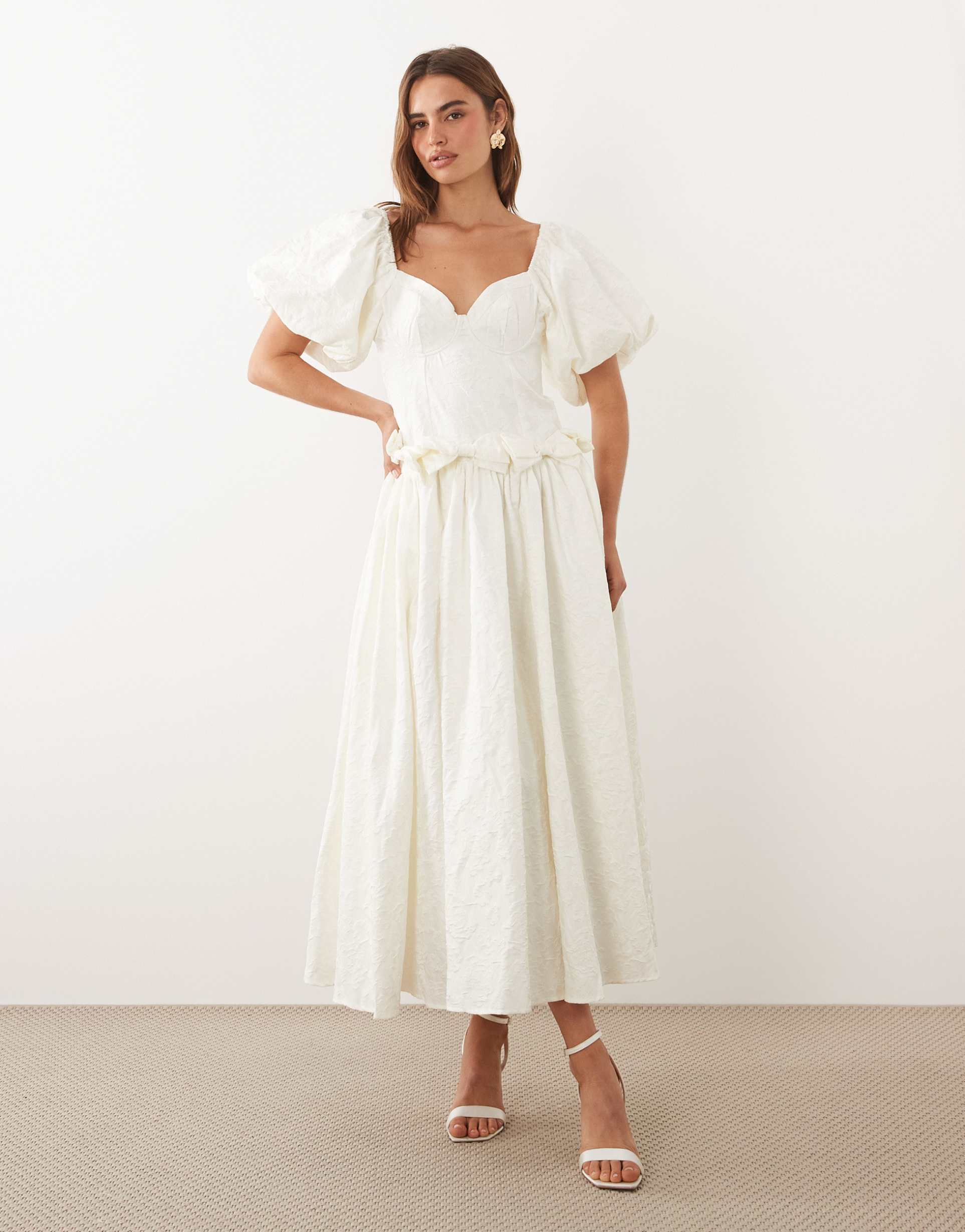 dream sister jane mora jacquard sweetheart neckline puff sleeve bow detail maxi dress in ivory
