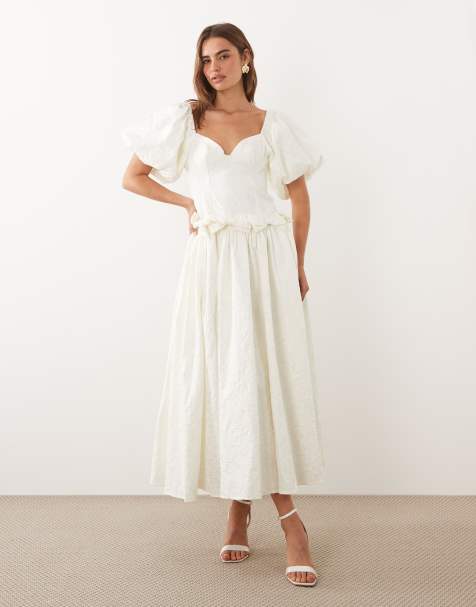 Dream Sister Jane Mora jacquard sweetheart neckline puff sleeve bow detail maxi dress in ivory