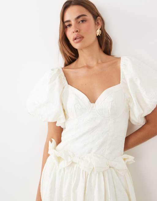 Dream Sister Jane Mora jacquard sweetheart neckline puff sleeve bow detail maxi  dress in ivory | ASOS