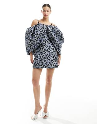 Sister Jane Dream  Multi-way Puffball Mini Dress In Pewter Floral-blue