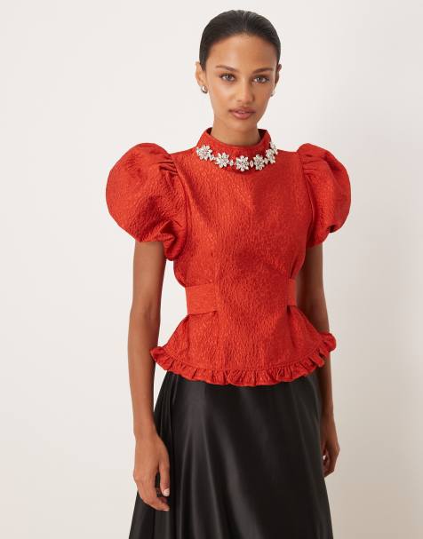 Dream Sister Jane Narrative jacquard embellished high neck puff sleeve cinched waist top in red - view 1