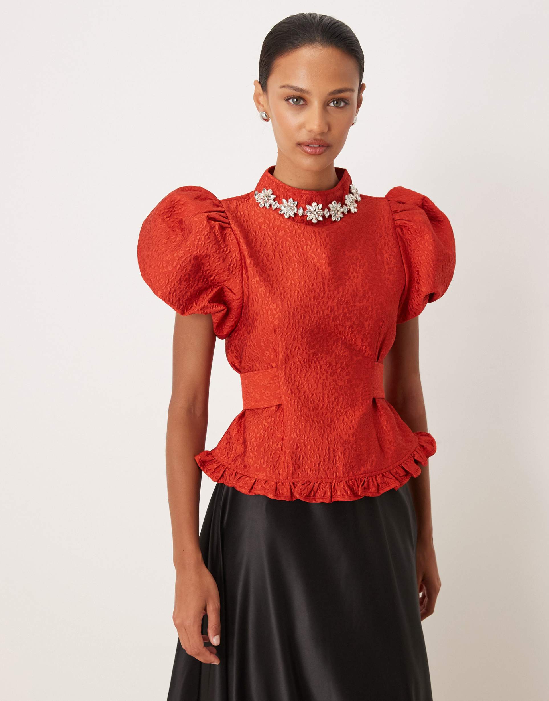 dream sister jane narrative jacquard top in red