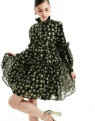 Dream Sister Jane Nostalgic floral tiered dress in black and green