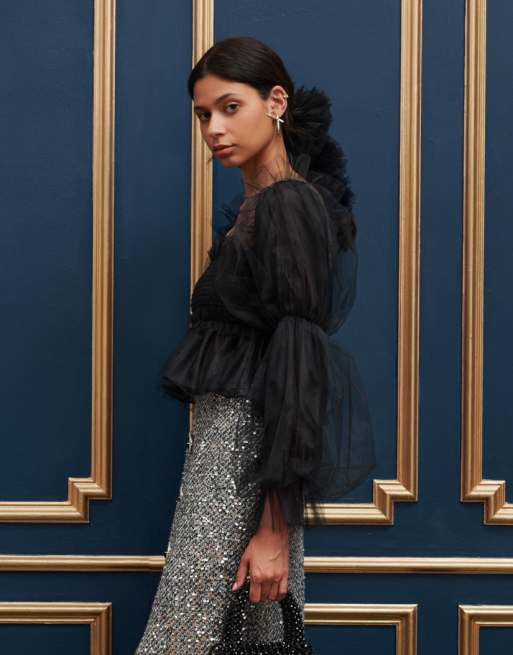 Dream Sister Jane organza bubble sleeve top in black | ASOS