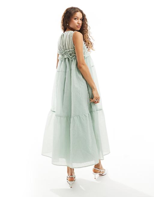 Dream Sister Jane organza empire midaxi dress in sage | ASOS Dream Sister Jane organza empire midaxi dress in sage | ASOS
