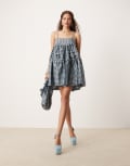 [sister jane] Dream Sister Jane organza mini dress in check print-Green M Blue/Green Check