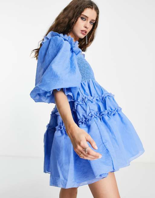 dream sister jane blue dress organza mini with ruffles in color:Bright Blue nav-313 Blue floral dress ForBaysy Low Back Bra playful puff sleeves