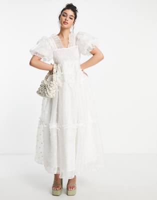 Sister Jane Dream  Organza Puff Sleeve Smock Dress In Embroidered Daisy Print-white