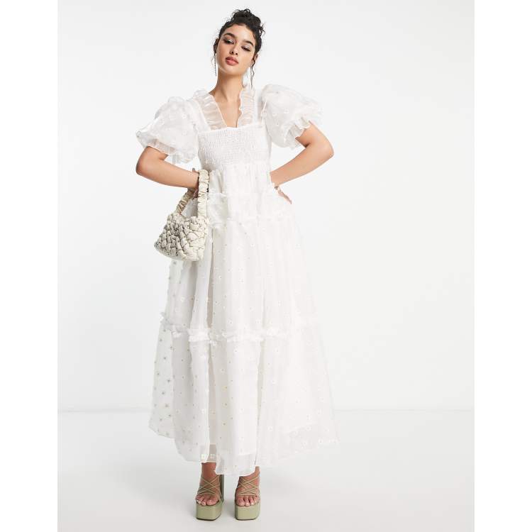 Dream Sister Jane organza puff sleeve smock dress in embroidered daisy print