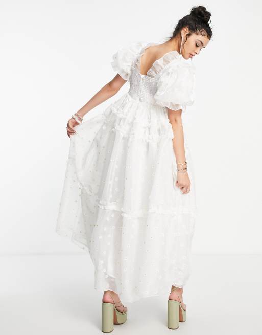 Dream Sister Jane organza puff sleeve smock dress in embroidered daisy print