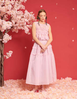 Dream Sister Jane organza ruffle midi skirt in pink co-ord