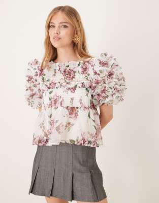 Dream Sister Jane organza ruffle top in berry floral-Multi