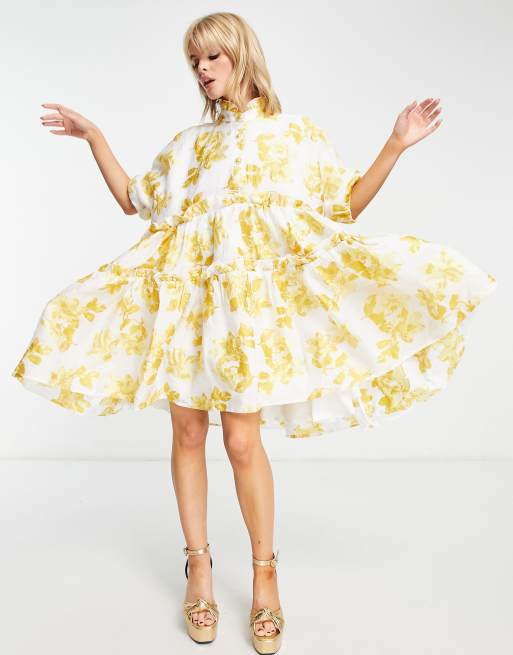 Dream Sister Jane oversized jacquard smock dress in golden yellow floral