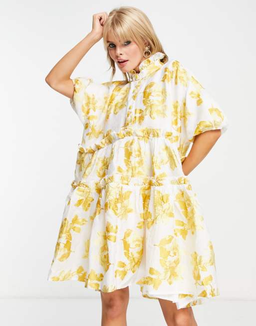 Dream Sister Jane oversized jacquard smock dress in golden yellow floral