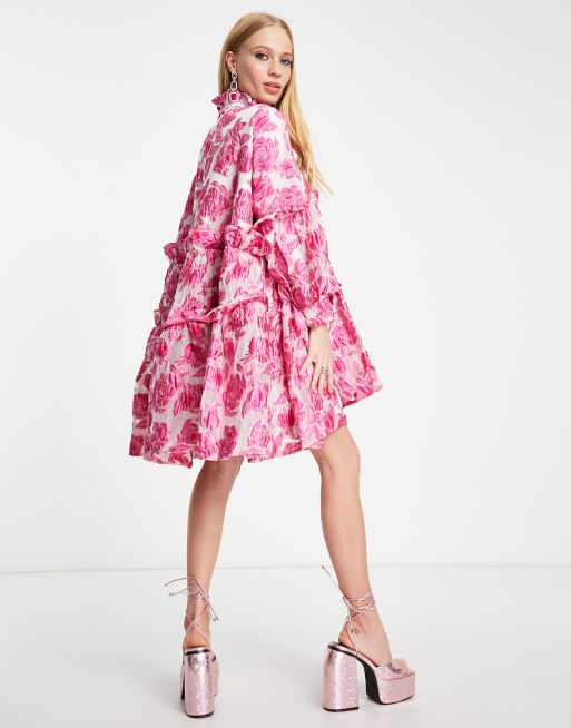 Dream Sister Jane oversized jaquard smock dress in pink peony print