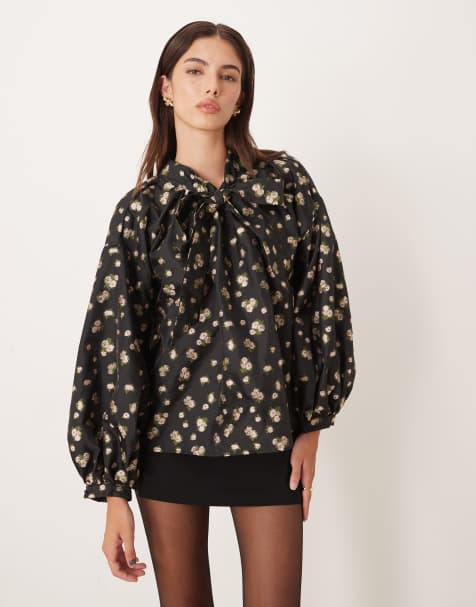 Dream Sister Jane oversized pussybow blouse co-ord in tea rose black floral - view 1