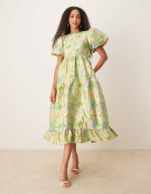 Sister Jane Dream  Pasque Flower Jacquard Midi Dress Light Green And Yellow
