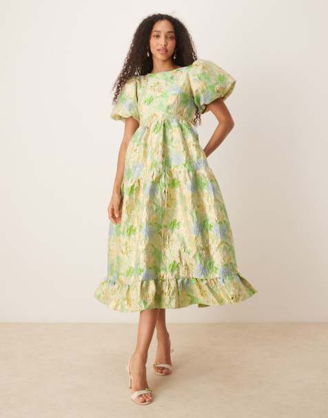 Dream Sister Jane Pasque flower jacquard midi dress light green and yellow - view 1