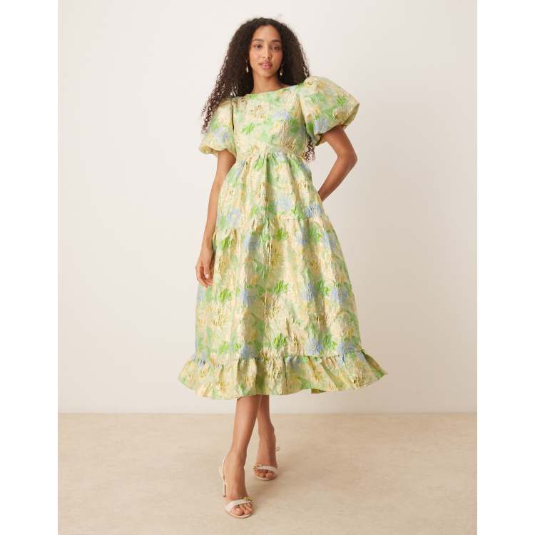 Dream Sister Jane Pasque flower jacquard midi dress light