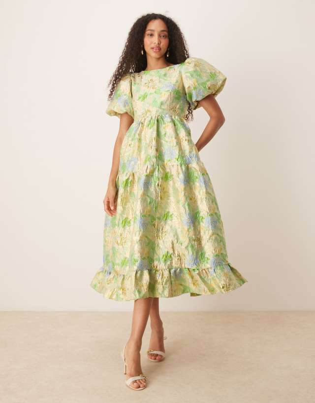 Dream Sister Jane Pasque flower jacquard midi dress light green