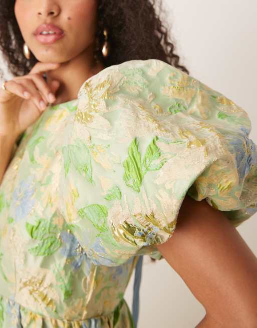 Dream Sister Jane Pasque flower jacquard midi dress light green