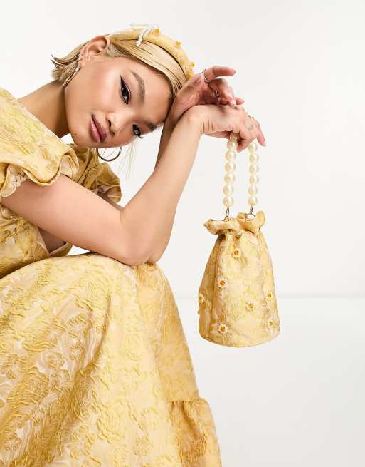 Dream Sister Jane pearl embellished jacquard bag co-ord in yellow