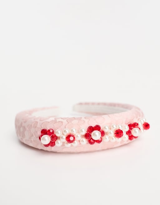 Dream Sister Jane pearl embellished jacquard headband in pink, 3 of 4
