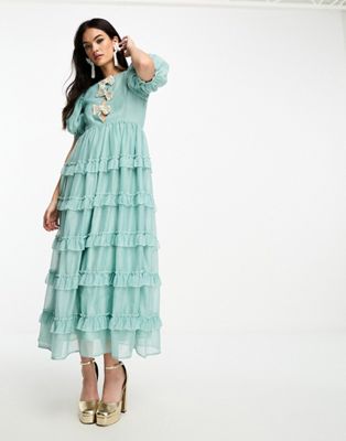 Dream Sister Jane pearl embellished ruffle tiered maxi dress in pistachio - ASOS Price Checker