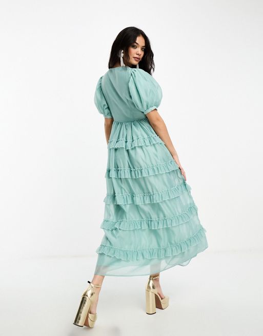 Dream Sister Jane pearl embellished ruffle tiered maxi dress in pistachio