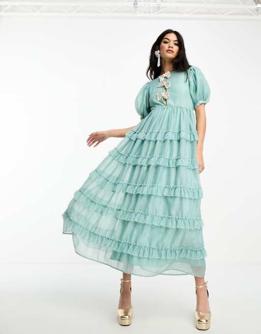 Dream Sister Jane pearl embellished ruffle tiered maxi dress in pistachio