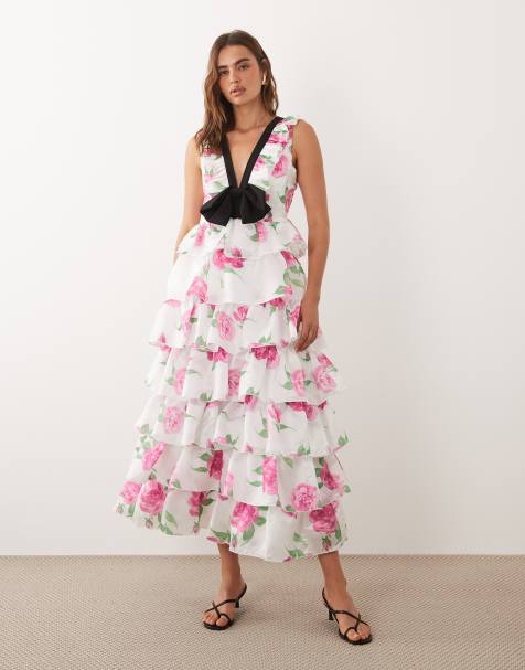 Dream Sister Jane Pernilla v-neck sleeveless bow detail tiered ruffle skirt maxi dress in white floral - view 1