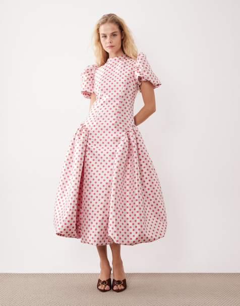 Dream Sister Jane polka dot jacquard puff sleeve bubble hem midi dress in pink - view 1
