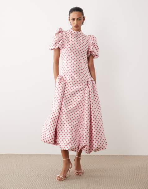 Dream Sister Jane polka dot jacquard puff sleeve bubble hem midi dress in pink