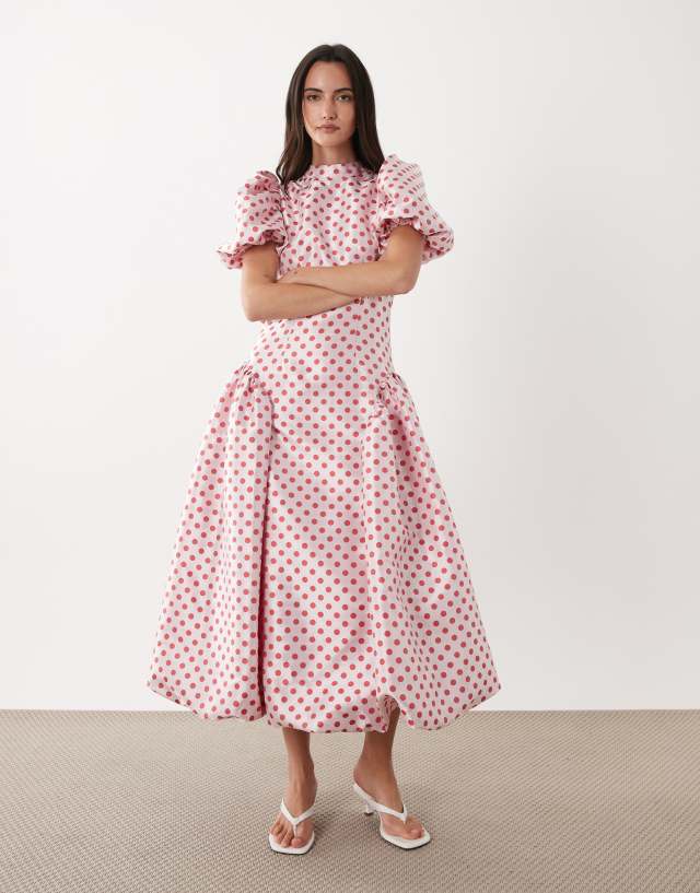 bubble sleeve jacquard dress ピンク S Dream Sister Jane polka dot jacquard puff sleeve bubble hem midi
