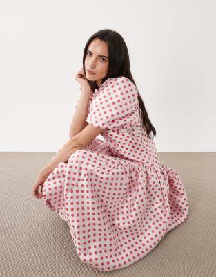 Dream Sister Jane polka dot jacquard puff sleeve bubble hem midi dress in  pink | ASOS